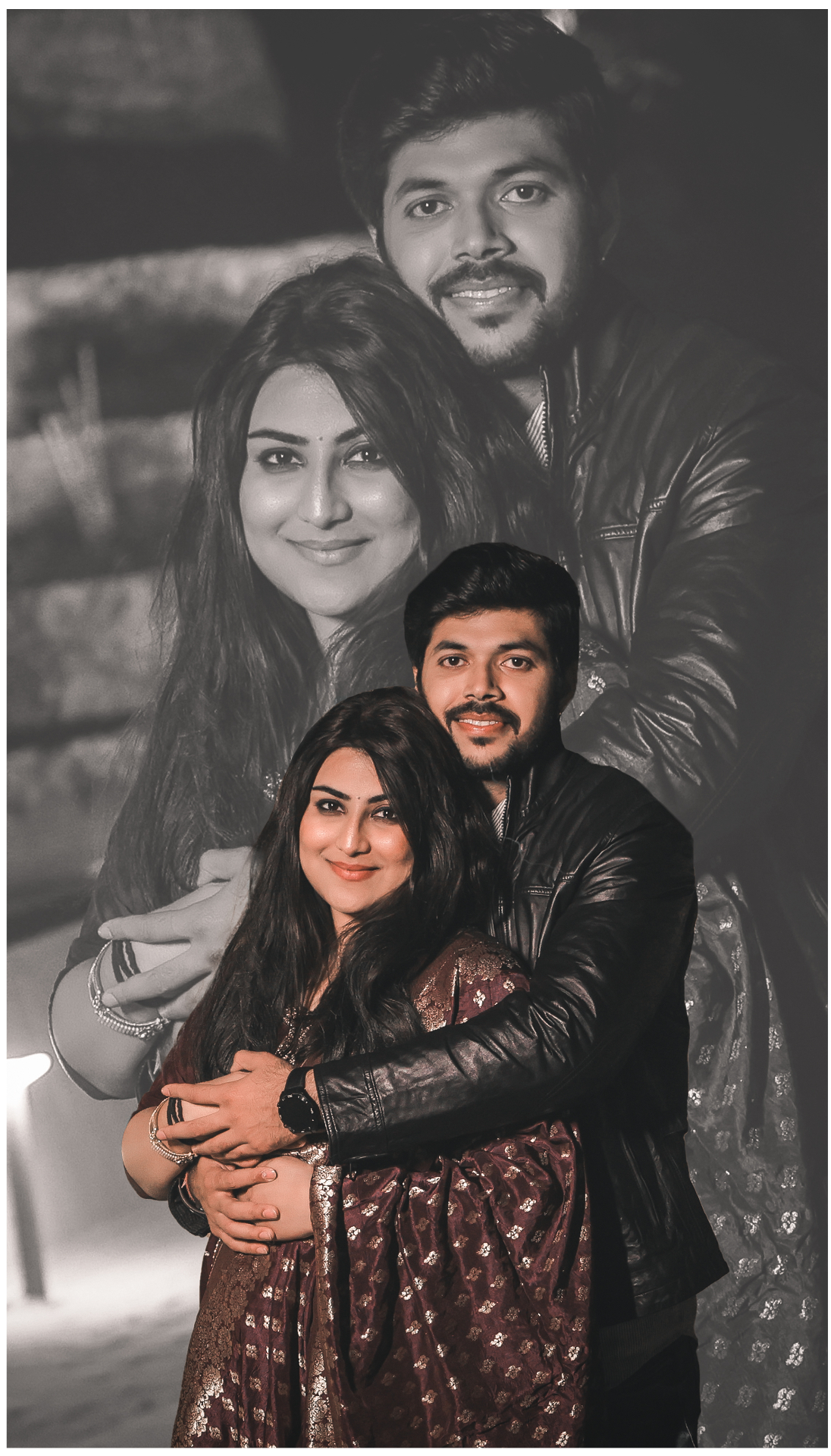 Layered black and white and color portrait of a couple