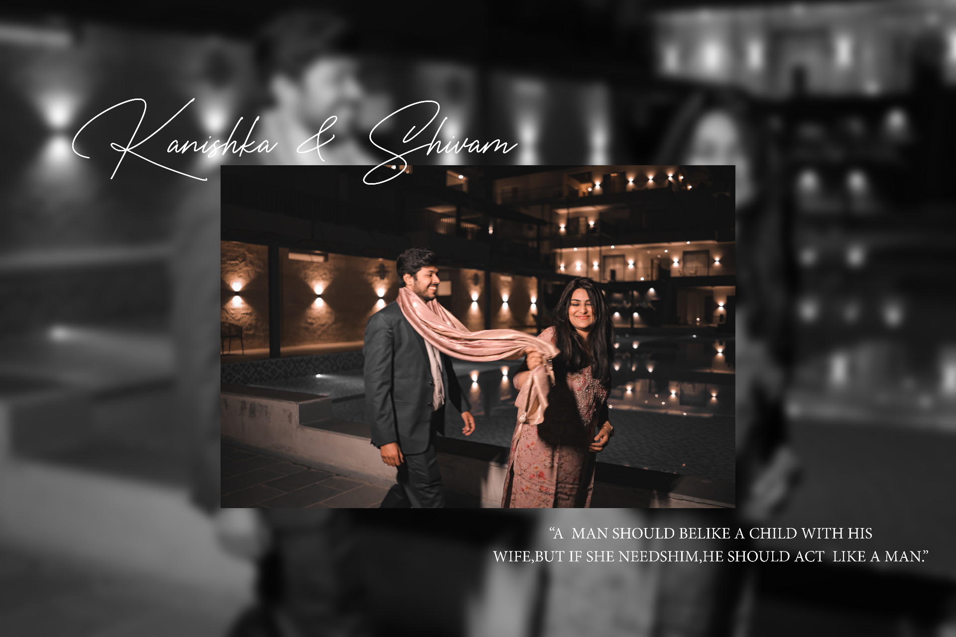 Editorial pre-wedding layout featuring a playful couple