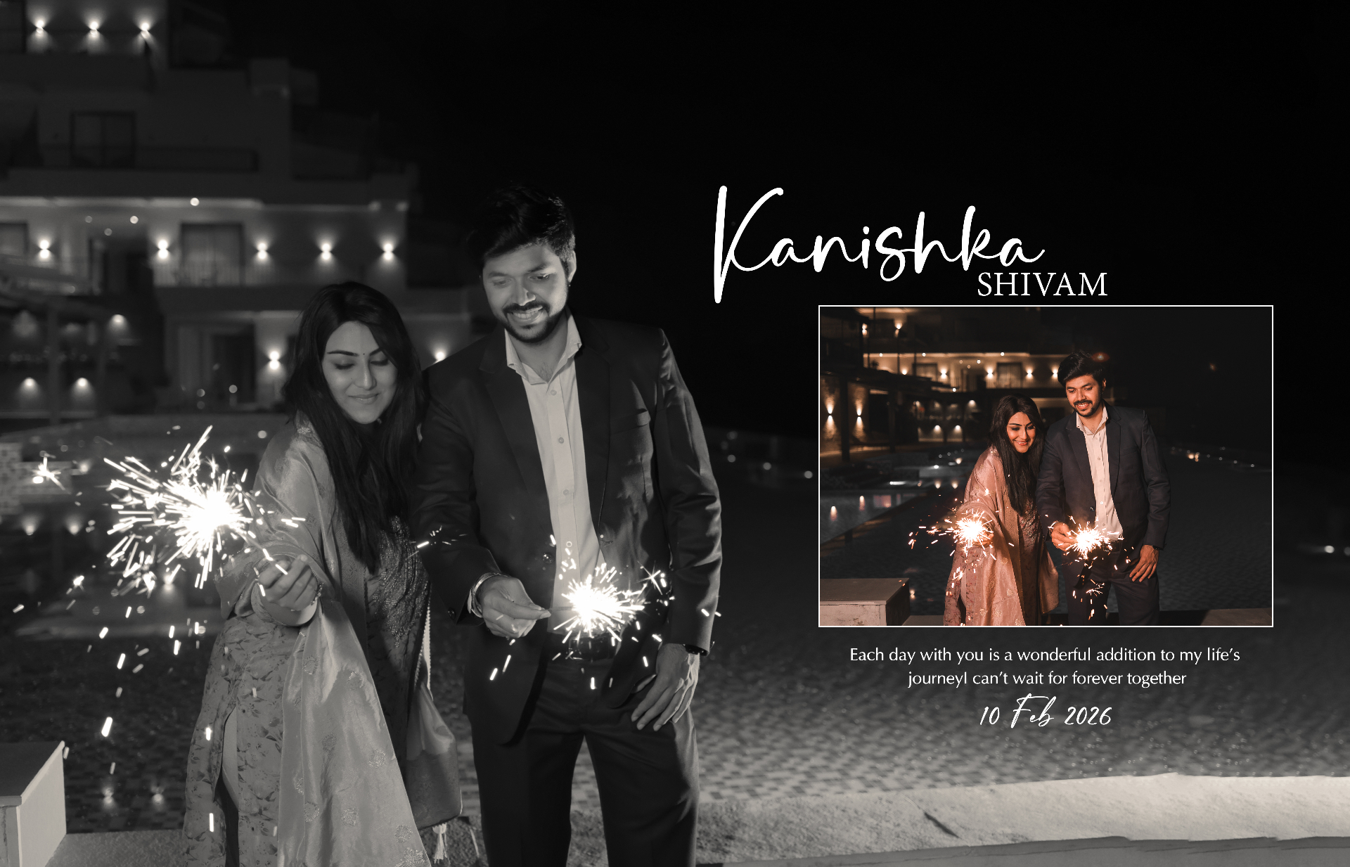 Editorial pre-wedding portrait of a couple holding sparklers